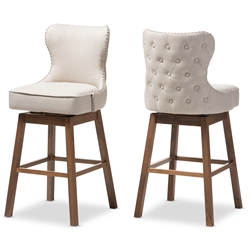 Baxton Studio Gradisca Modern and Contemporary Brown Wood Finishing and Light Beige Fabric Button-Tufted Upholstered Swivel Barstool